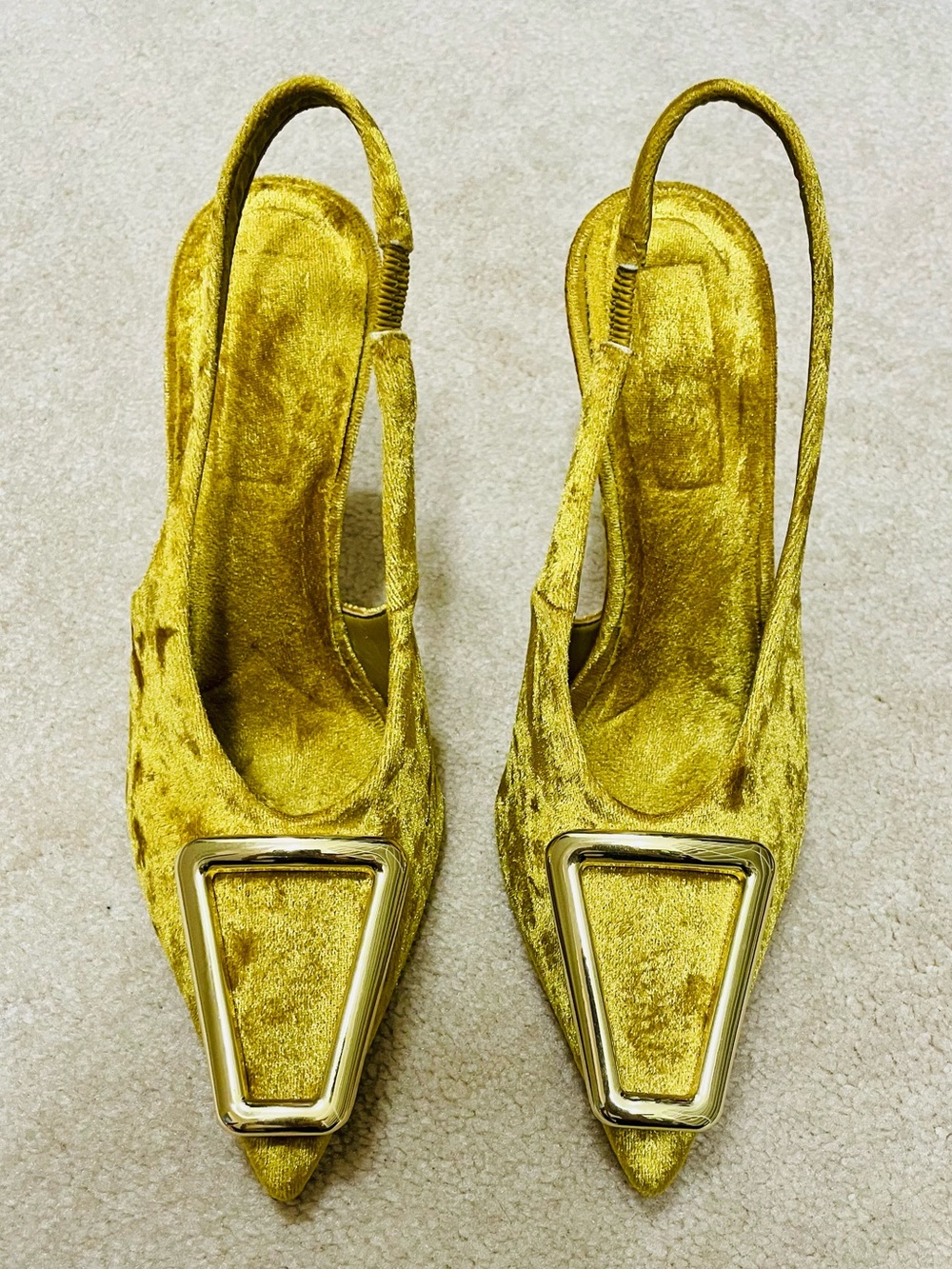 Gianni Bini Jalen Gold Velvet Slingback Pointed Toe Pumps with Geometric Buckle